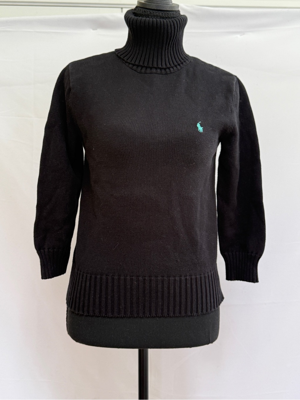 Ralph Lauren Black Ribbed Turtleneck Sweater with Mint Pony